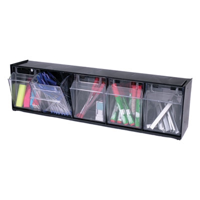 Tilt Bin Plastic Storage System W/5 Bins, 23 5/8 X 5 1/4 X 6 1/2, Black