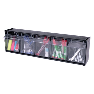 Tilt Bin Plastic Storage System W/5 Bins, 23 5/8 X 5 1/4 X 6 1/2, Black