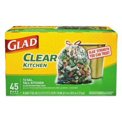 Recycling Tall Kitchen Drawstring Trash Bags, Clear, 13 Gal, 45/bx, 4 Bx/ct